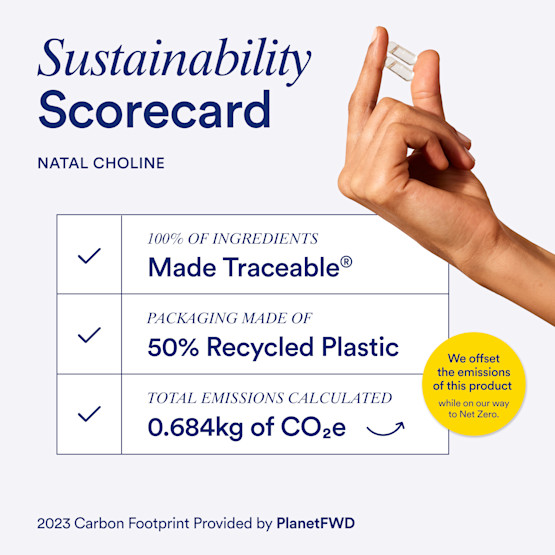 Sustainability scorecard listing the ingredient traceability, packaging sustainability, and carbon footprint for Ritual Natal Choline.