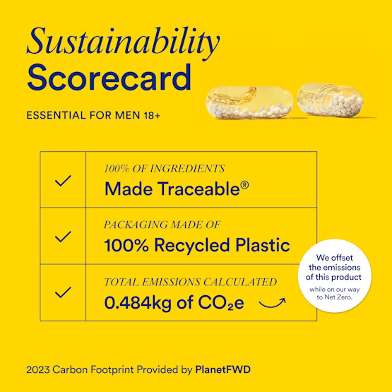 Sustainability scorecard listing the ingredient traceability, packaging sustainability, and carbon footprint for Ritual Essential for Men 18+