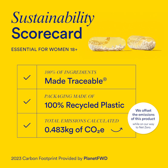 Sustainability scorecard listing the ingredient traceability, packaging sustainability, and carbon footprint for Ritual Essential for Women 18+