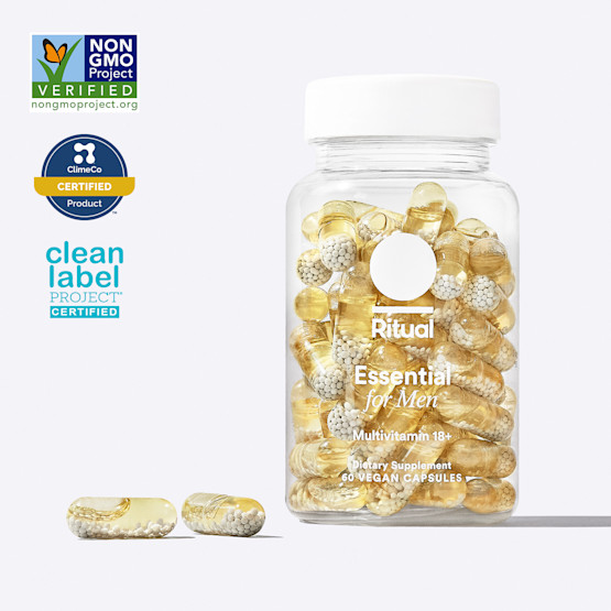 Essential for Men Bottle with Non GMO Verified, ClimeCo Certified, and Clean Label Project Certified Badges.