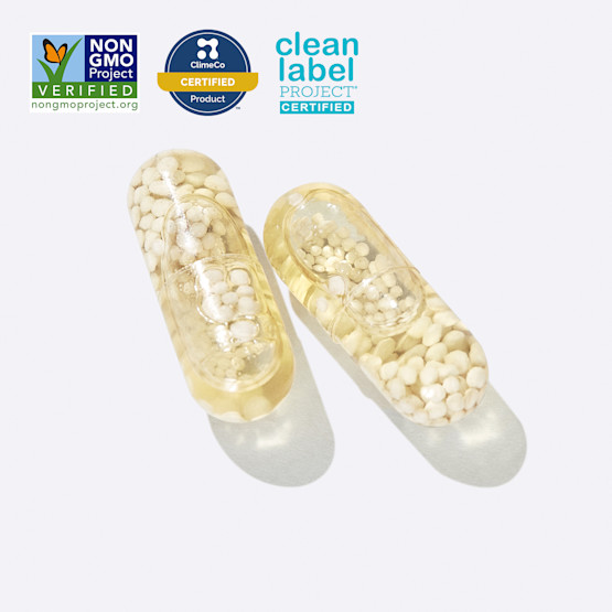Clear capsules with Non GMO Verified, ClimeCo Certified, and Clean Label Project Certified Badges.