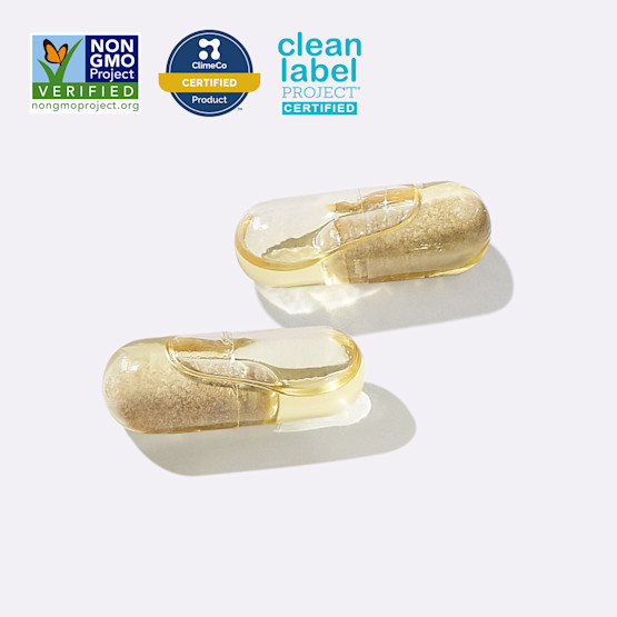 Clear capsules with Non GMO Verified, ClimeCo Certified, and Clean Label Project Certified Badges.