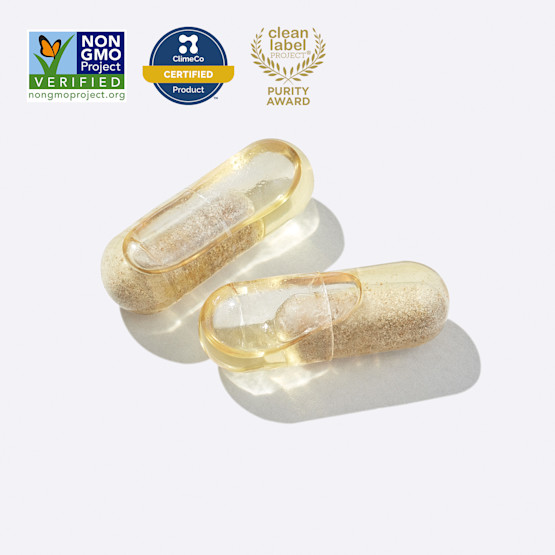 Clear capsules with Non GMO Verified, ClimeCo Certified, and Clean Label Project Purity Award Badges. 