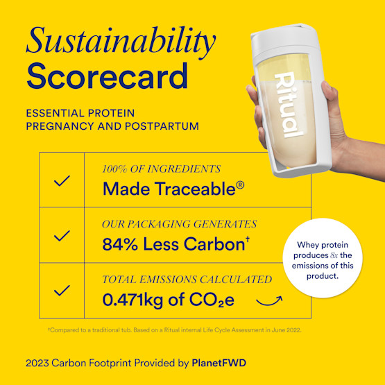 Sustainability scorecard listing the ingredient traceability, packaging sustainability, and carbon footprint for Ritual  Essential Protein Pregnancy & Postpartum