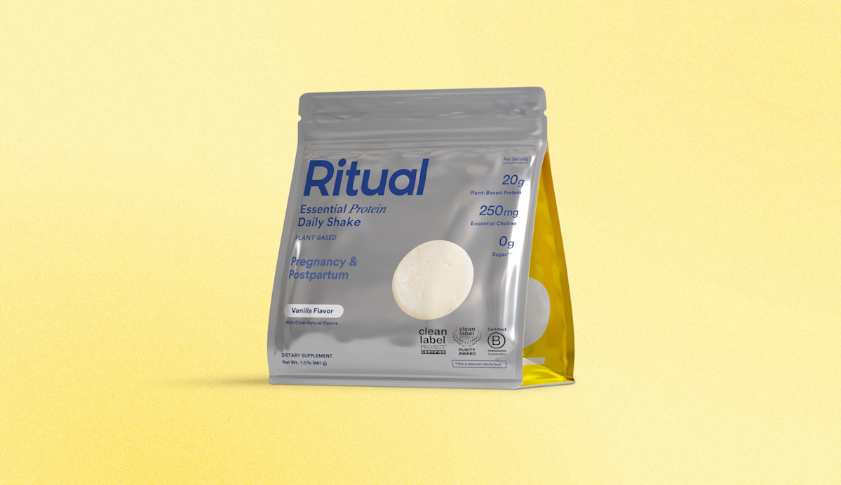 Package of Essential Protein Daily Shake Pregnancy & Postpartum on a yellow background.