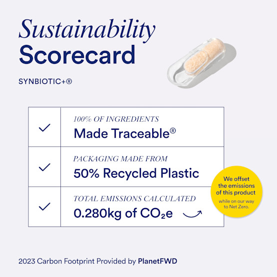 Sustainability scorecard listing the ingredient traceability, packaging sustainability, and carbon footprint for Ritual Synbiotic+