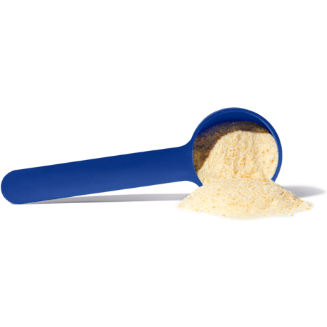 Blue scoop with drink mix powder slightly spilling out.